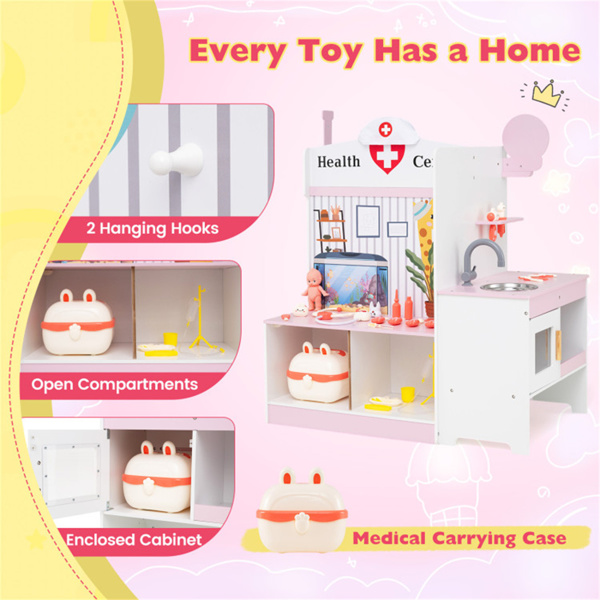 木制儿童医生医疗站游戏机，93.98×54.61×99.06cm 27件带心电图监测仪的医疗工具，适用于3-6年，粉红色+白色-8