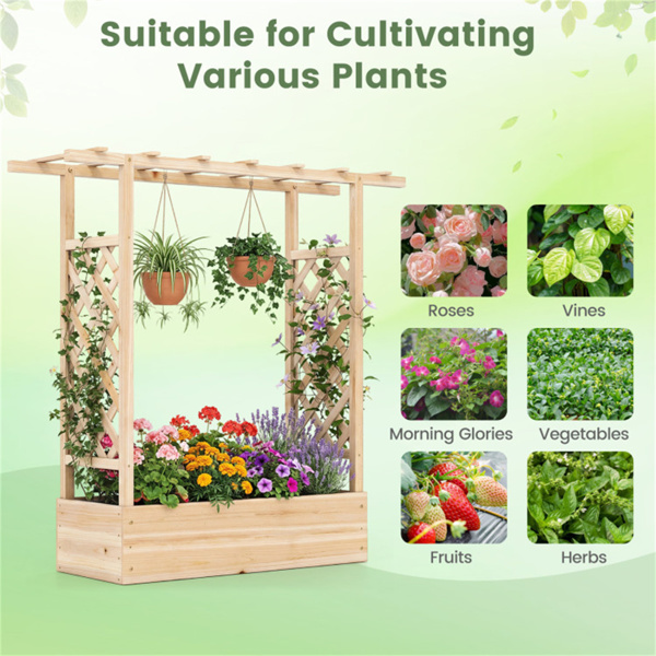 带侧格架的冷杉木高架花园床，109.22×35.56×114.30 cm带排水孔的种植箱，天然-7