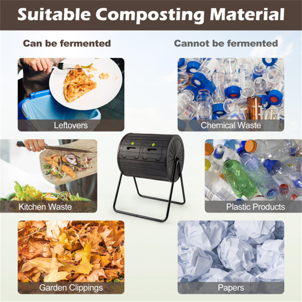 黑色双室堆肥滚筒37.5Gal 360°旋转堆肥箱，带搅拌叶片，用于花园-9