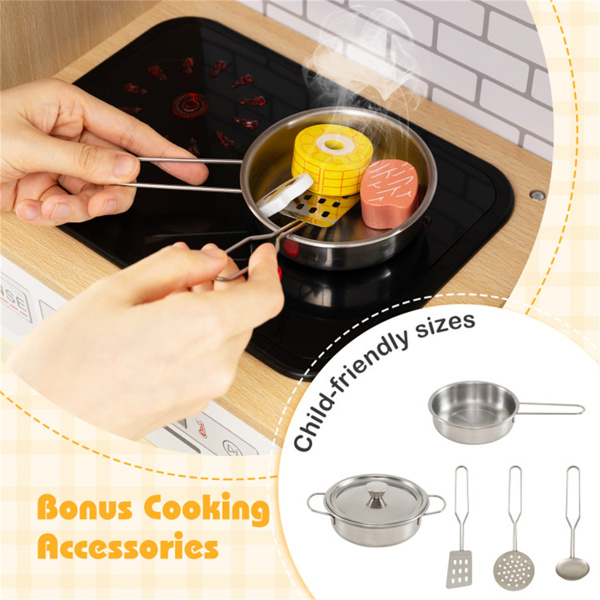 儿童木制厨房玩具套装3+，带冰箱水槽洗衣机，带逼真的轻声藤门-黄色-4