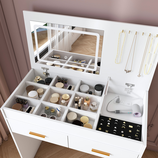 翻盖式梳妆台，带LED照明镜子和内置电源插座 - 化妆桌，配有两个抽屉、开放式储物空间和首饰挂钩（不含凳子，白色）不支持self-pick up且不支持指定仓库发货-8