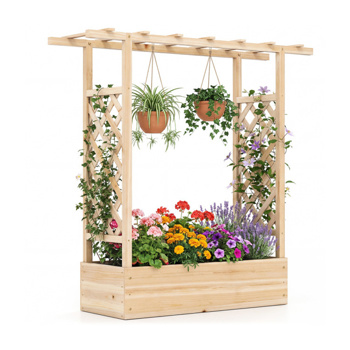 带侧格架的冷杉木高架花园床，109.22×35.56×114.30 cm带排水孔的种植箱，天然