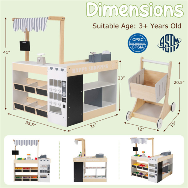 自然色木制儿童超市玩具套装，带自动售货机，90.17×78.74×104.14cm杂货店玩具，带购物车，3人+-4