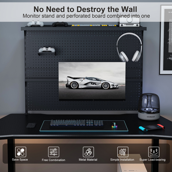 夹式桌面洞洞板，带单显示器支架，43x35英寸钢制洞洞板收纳架，配挂钩和可移动面板，适用于游戏和办公，黑色-8