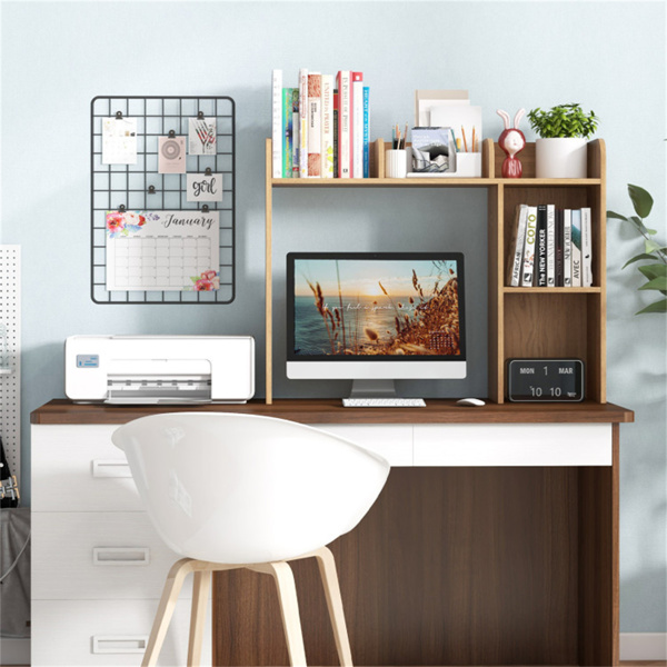 自然色桌面书架，适用于27英寸/68.58厘米显示器，93.98×25.40×73.66厘米工程木桌把手，带防倾倒套件，容量100磅-5