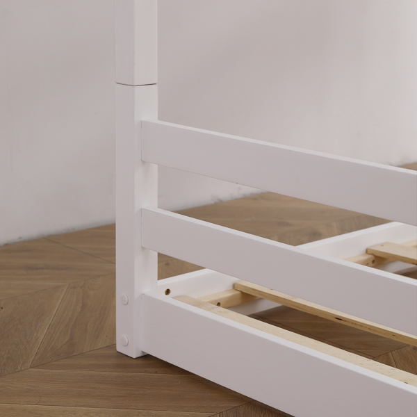 白色 油漆面 松木+胶合板 头尾横撑护栏 Twin 儿童木床 直梯 可拆分成单层床 双层床-22