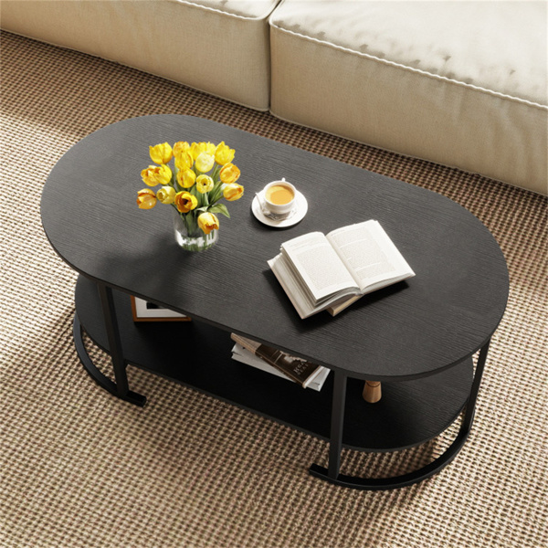 双层咖啡桌，带金属框架，100×50×45厘米机器人真空友好型梳妆台，客厅办公室可容纳88磅-黑色-3