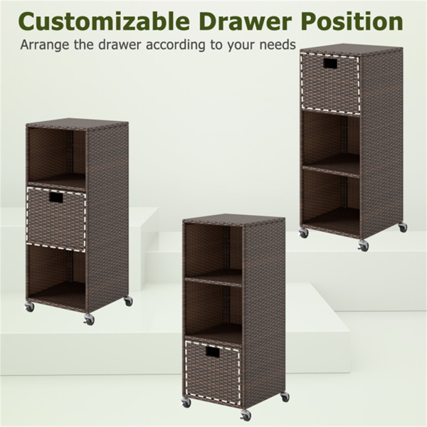 混合棕色PE藤条户外储物柜，3架，带可拆卸抽屉和可锁轮子-3