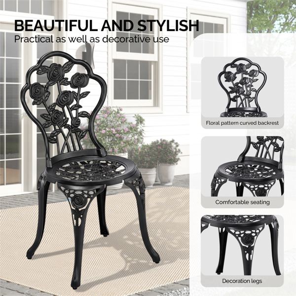 2pcs单人椅和1pc圆桌 玫瑰花型 黑色 铸件套装-5