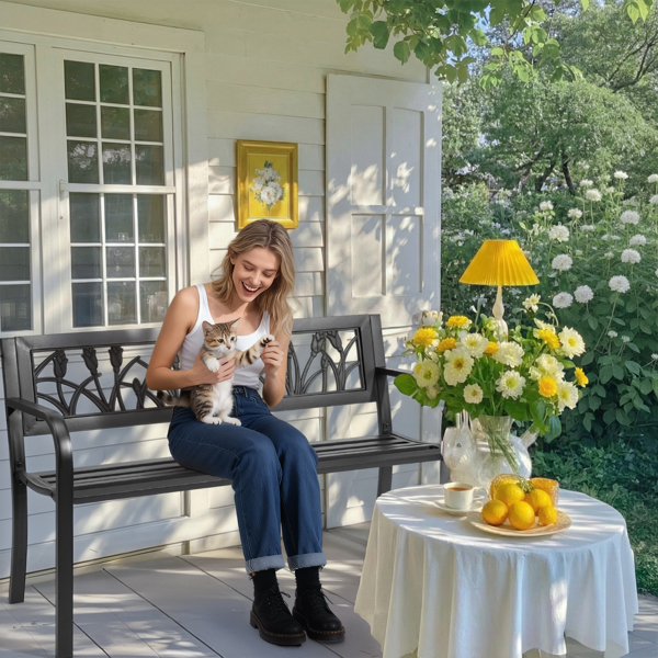 49in PVC郁金香靠背 黑色 铁长椅-6