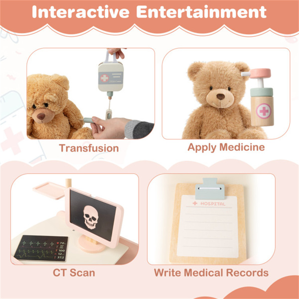 木制儿童医生医疗中心游戏机，58.42×35.56×86.36厘米CT机和静脉支架3年以上假装游戏套件，粉色-8