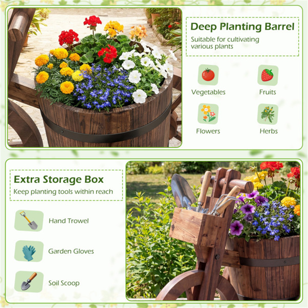 碳化杉木三轮花盆车、排水孔储物箱、老式农舍花盆-7