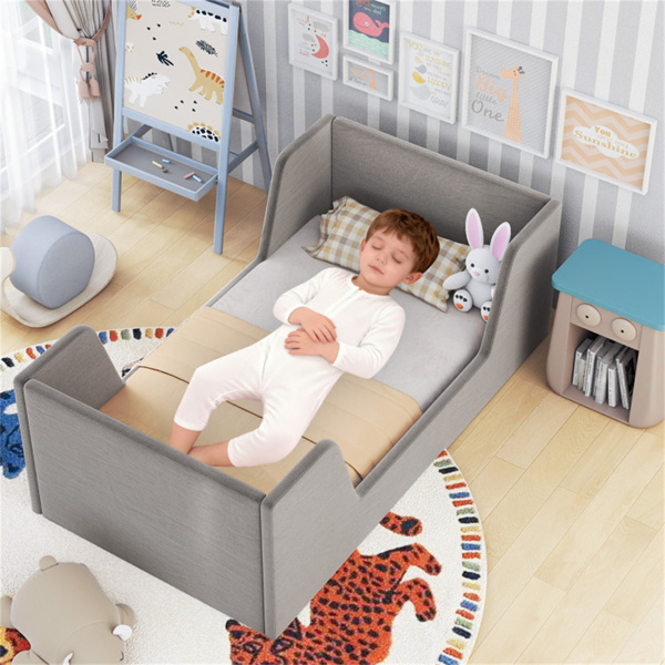 灰色软垫幼儿床天鹅绒木制板条框架，适合儿童，无床垫-8