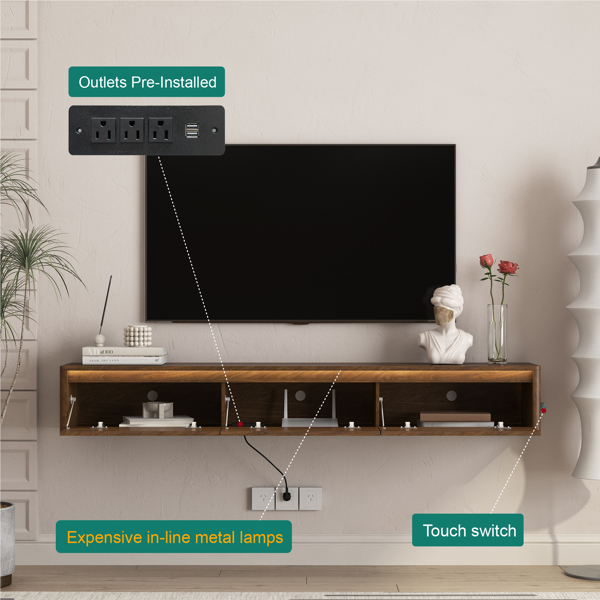 悬浮式电视柜，壁挂式电视架，带LED灯和电源插座，高光泽电视柜，适用于客厅木质电视架--不支持self-pick up且不支持指定仓库发货-2