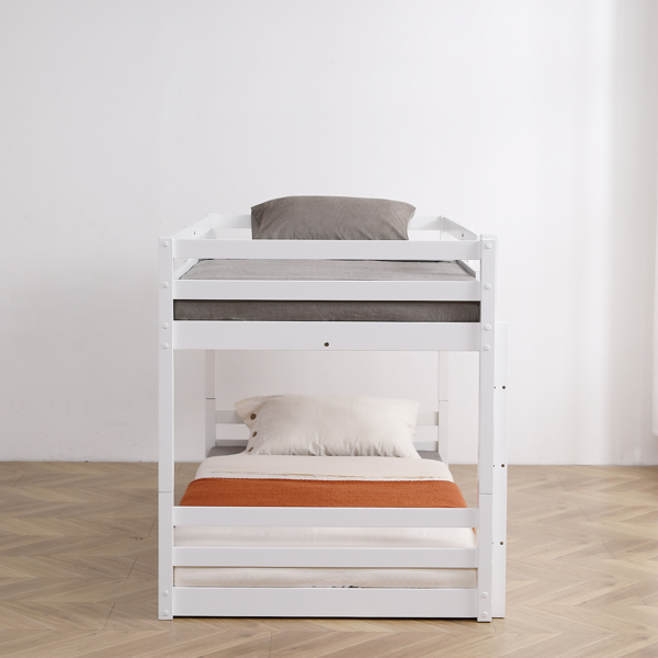 白色 油漆面 松木+胶合板 头尾横撑护栏 Twin 儿童木床 直梯 可拆分成单层床 双层床-25