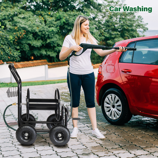 97*53*100cm 黑色 铁质 带绿色水管 铁轮辐 水管车-5