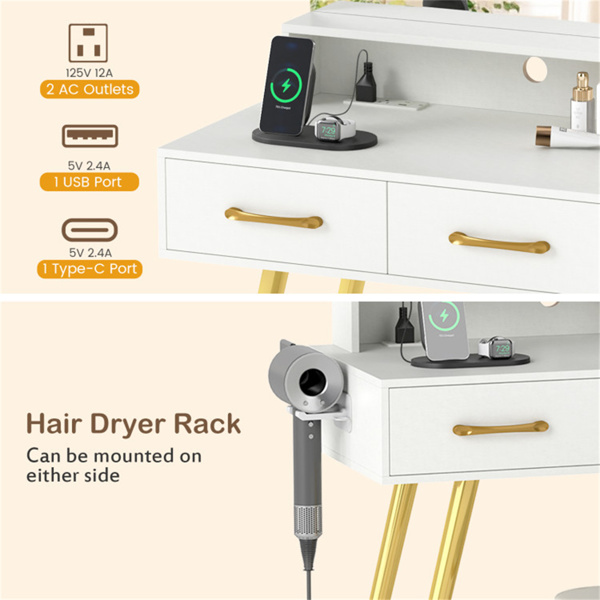 白色梳妆台，带27英寸×20英寸LED照明镜子充电站凳子8个储物空间-4