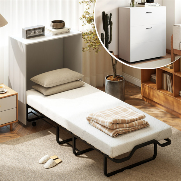 可转换墨菲橱柜床，带4英寸床垫，219.71×86.36×105.41cm折叠床，容量485LBS，白色-10