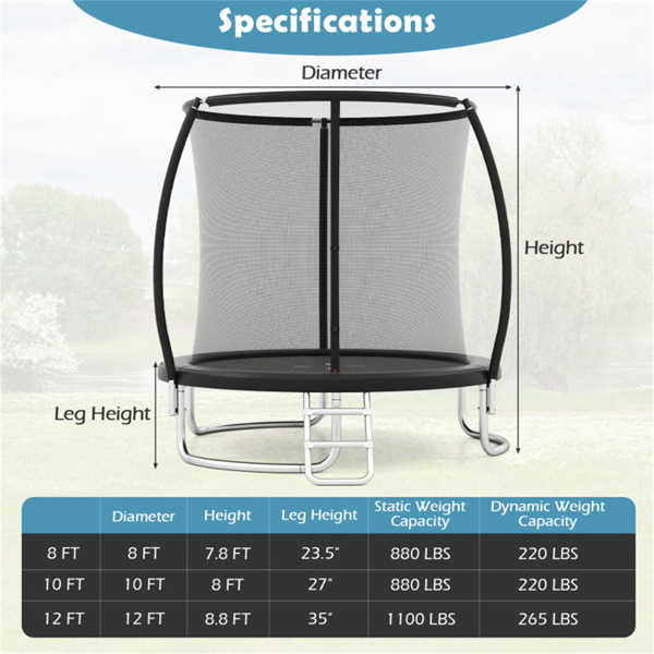 8FT蹦床，带安全罩，243.84cm圆形蹦床，适合3岁以上儿童和成人，静态容量880LBS，黑色-3