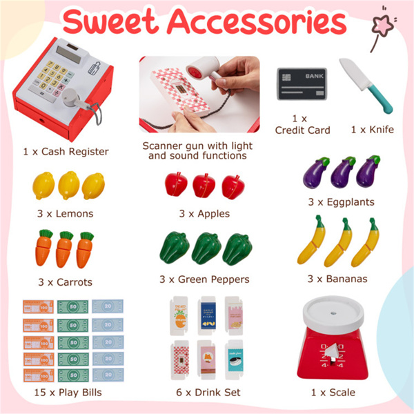 红色木制儿童超市玩具套装，带自动售货机，90.17×78.74×104.14cm杂货店玩具，带购物车，3人+-6