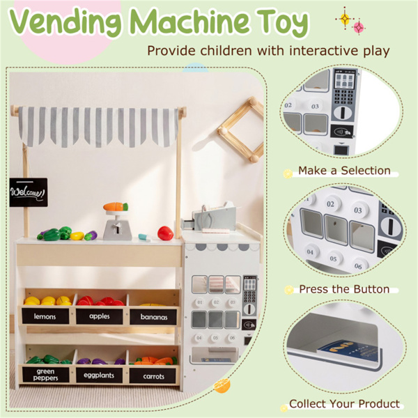 自然色木制儿童超市玩具套装，带自动售货机，90.17×78.74×104.14cm杂货店玩具，带购物车，3人+-11
