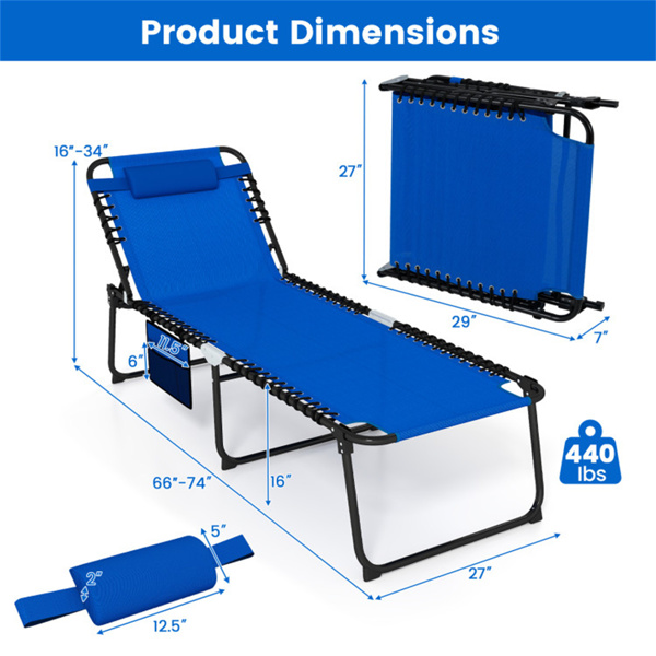 超大露台躺椅休息室，27英寸宽，4位可调节靠背，海蓝色折叠晒黑椅-5