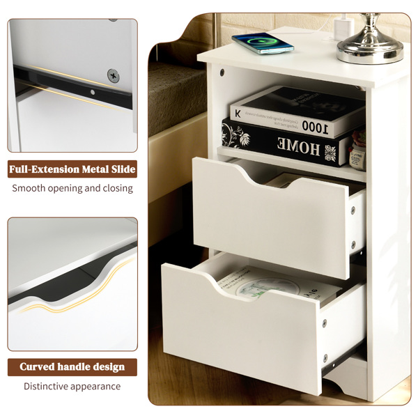 白色 P2刨花板 贴麻面三胺 无拉手 40*30*60cm 两抽带上隔层 床头柜 带欧规电源 1PC-4