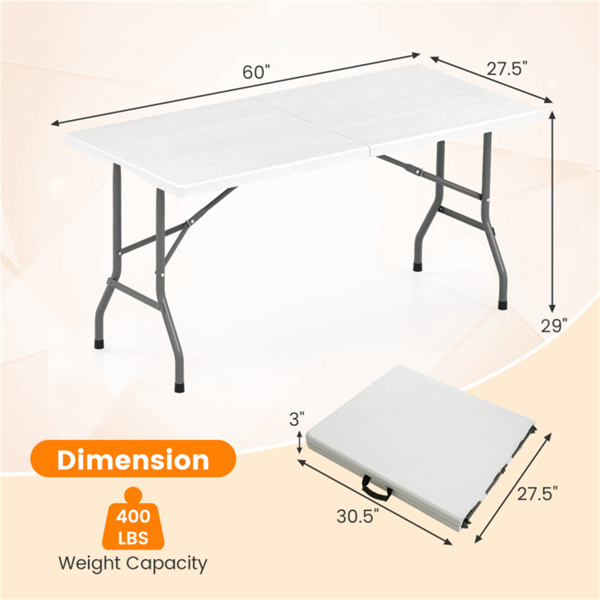 5FT可折叠野餐桌，HDPE顶部400LBS容量露营桌，带把手，白色-4