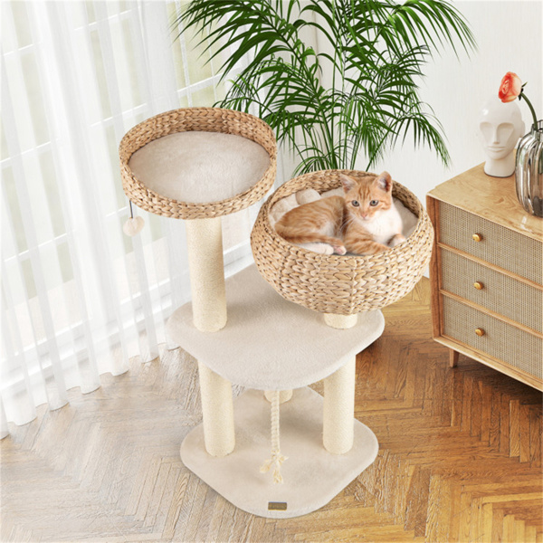 41英寸手工编织的水葫芦猫树，3个剑麻抓杆猫多级活动中心-白色-9