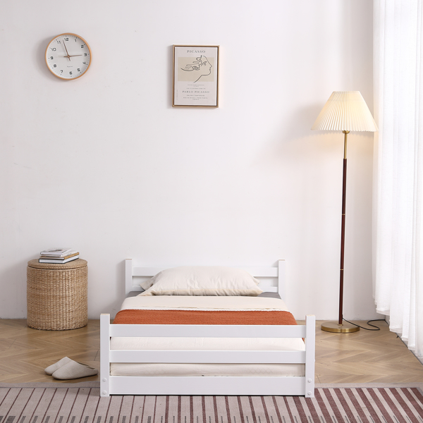 白色 油漆面 松木+胶合板 头尾横撑护栏 Twin 儿童木床 直梯 可拆分成单层床 双层床-44