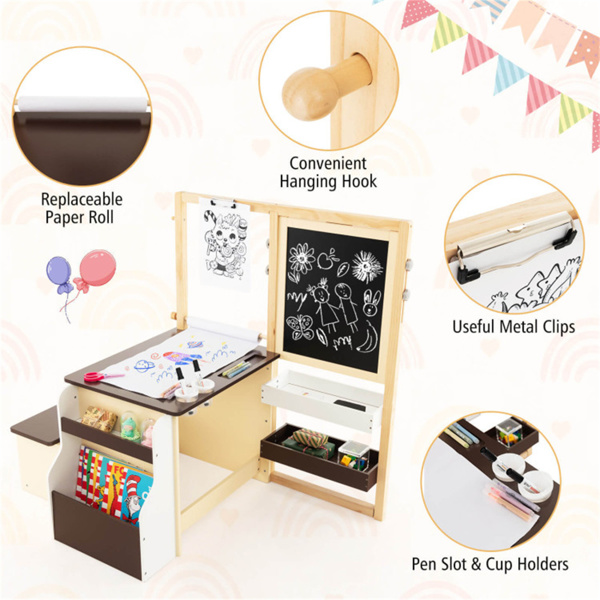 儿童多功能艺术中心，带双面架，3年以上木制艺术桌椅，棕色-6