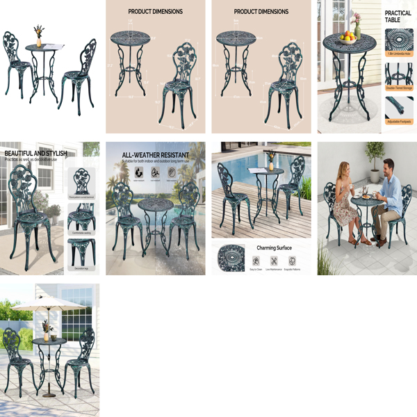2pcs单人椅和1pc圆桌 玫瑰花型 铜绿色 铸件套装-10
