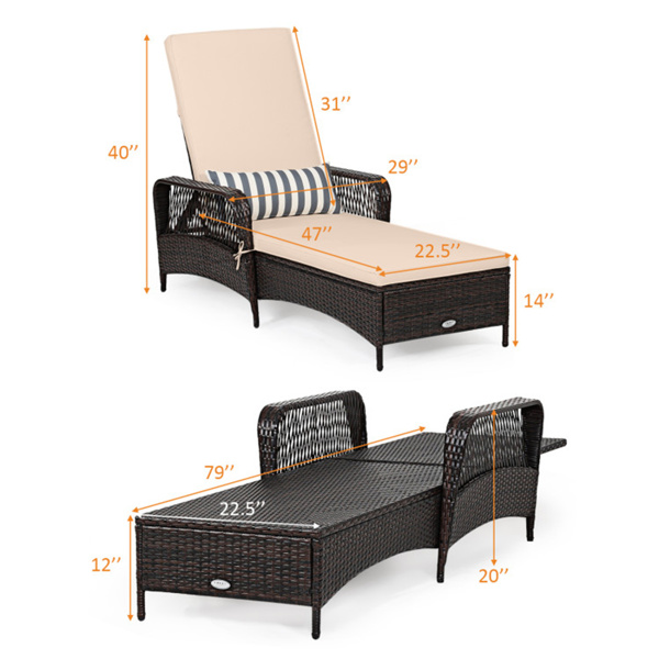 6-Gear可调节露台躺椅休息室，200.66×73.66厘米棕色PE柳条躺椅，带米色垫子，可容纳400磅室外池畔-2