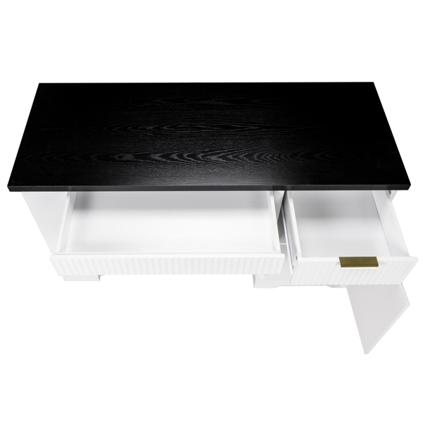 55英寸现代凹槽办公桌，带储物柜和抽屉，电脑书桌，带电源插座、挂板、内置搁板和键盘托盘，适用于书房、客厅、家庭办公室，白色-9