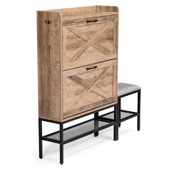 谷仓门2翻斗带挡板铁网铁脚带软垫换鞋凳1挂钩 鞋柜 刨花板 120*24*120cm  复古灰