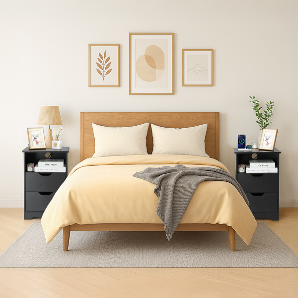 黑色 P2刨花板 贴麻面三胺 无拉手 40*30*60cm 两抽带上隔层 床头柜 带欧规电源 1PC-31