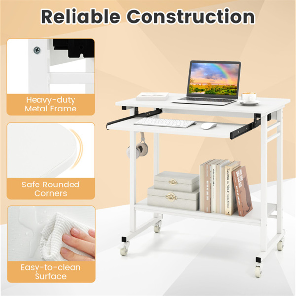 白色移动电脑桌，带键盘托盘和储物架，360°可锁定脚轮，适用于家庭办公室-6