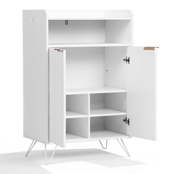 格栅面带挡板2门加顶部开放空间带2钩高脚 鞋柜 刨花板柜体 密度板吸塑门 68*40*106m  白色-2