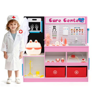 带X射线心电图监测仪的木制医生办公玩具，适用于3-6岁幼儿水槽高度测量仪-粉色