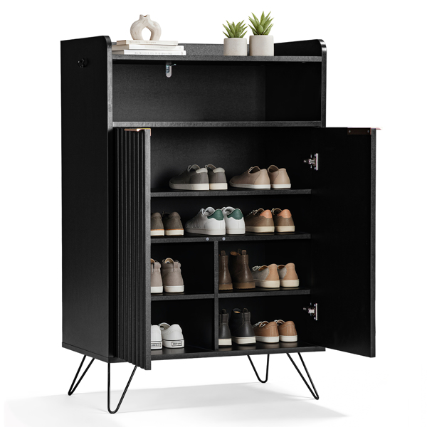 格栅面带挡板2门加顶部开放空间带2钩高脚 鞋柜 刨花板柜体 密度板吸塑门 68*40*106m  黑色-1