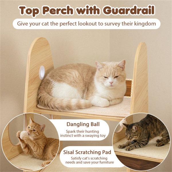 4层火箭形状的猫树，带2层公寓式剑麻抓地垫，悬挂蓬蓬自然+白色-8