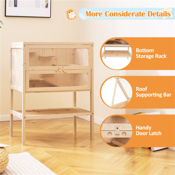 31.5英寸冷杉木仓鼠笼，带翻网屋顶、多层活动区和底部储物架-6