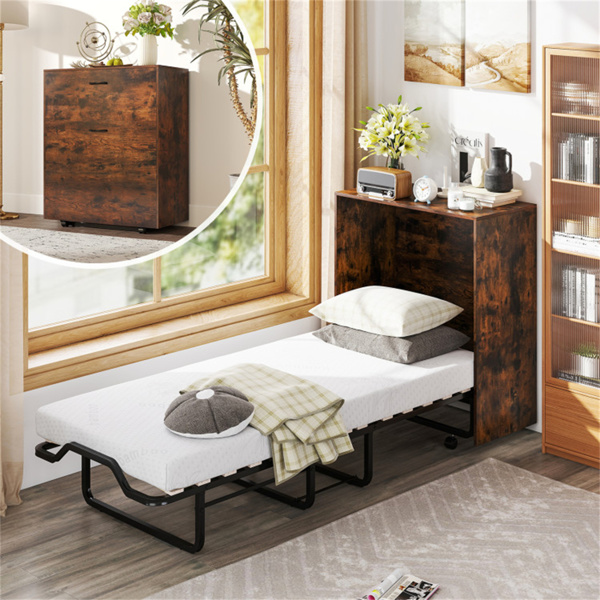 可转换墨菲橱柜床，带4英寸床垫，219.71×86.36×105.41cm折叠床，容量485LBS，乡村棕色-5