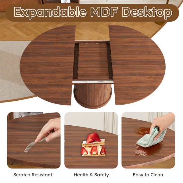 59英寸可伸缩椭圆形餐桌，带两层储物空间，适合4-6人使用，胡桃木色，节省空间的伸缩式厨房餐桌，MDF材质，胡桃木饰面，底座为立柱式设计。-21