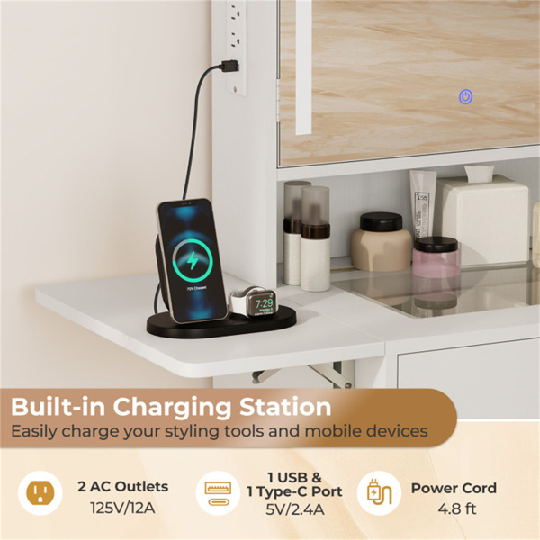 多功能梳妆台，带吹风机架，储物凳化妆台，适合家庭美容组织者-白色-7