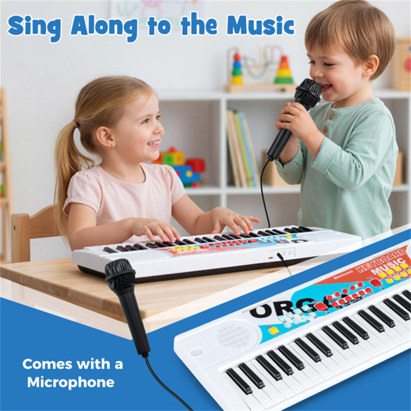 49键儿童电子键盘，带麦克风，8种音调和节奏，适合3岁儿童的教育音乐玩具-白色-11