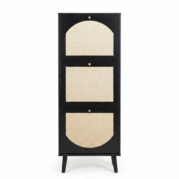 藤面3翻斗 鞋柜 刨花板 54*24*135 cm  黑色-2