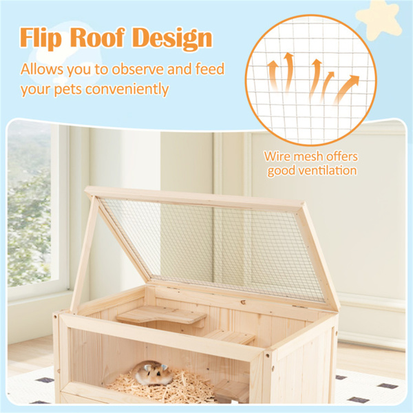 31.5英寸冷杉木仓鼠笼，带翻网屋顶、多层活动区和底部储物架-5