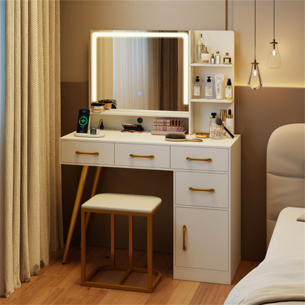 白色梳妆台，带27英寸×20英寸LED照明镜子充电站凳子8个储物空间-3