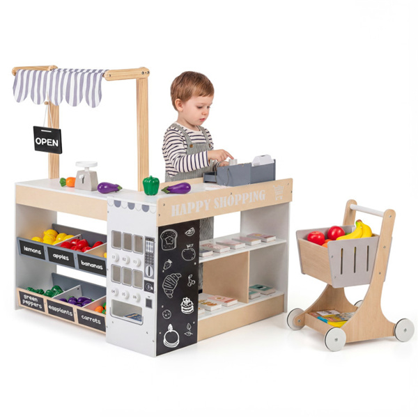 自然色木制儿童超市玩具套装，带自动售货机，90.17×78.74×104.14cm杂货店玩具，带购物车，3人+-2
